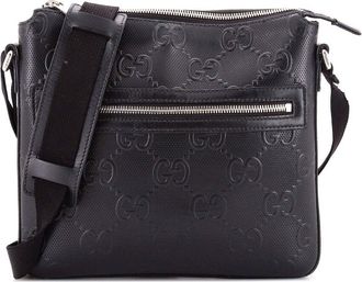 Gucci Black Gg Embossed Perforated Leather Front Zip Messenger Small (Authentic Pre-Loved)