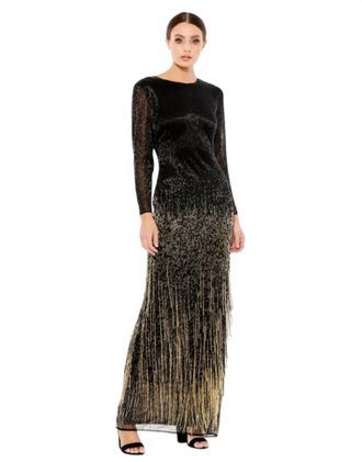 Mac Duggal Fringe Skirt Ombre Dress In Black/gold