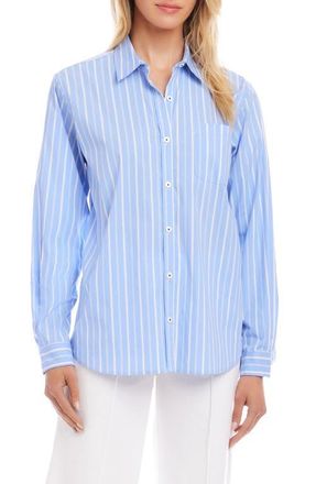 Karen Kane Stripe Cotton Blend Button-Up Shirt in Blue at Nordstrom, Size X-Small