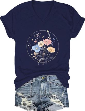 Generic Womens Summer Short Sleeve Tops Casual Loose V Neck T Shirts Wild Flower Graphic Tee(Dark Blue, XXXL)(Chemise a Carreaux Femme