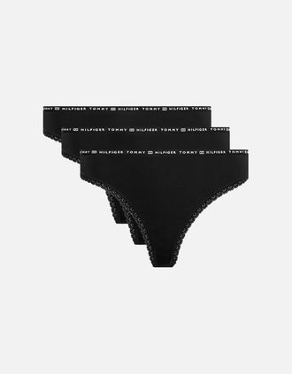 Tommy Hilfiger Womens 3-Pack Lace Trim Microfibre Thongs, Black - Size: 16