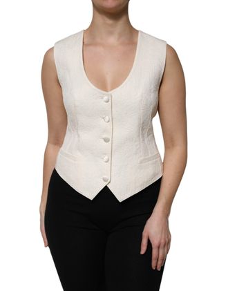 Dolce & Gabbana Womens Ivory Cotton Button Down Sleeveless Vest Top Off White Silk