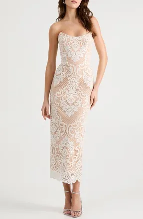 Helsi Kendall Beaded Lace & Mesh Column Dress in Off White/Nude at Nordstrom, Size X-Small