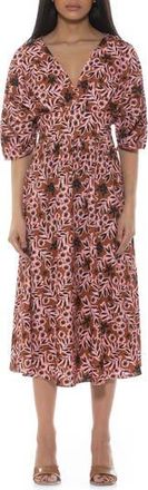 Alexia Admor August Draped Sleeve Fit & Flare Midi Dress in Brown Floral at Nordstrom Rack, Size 10