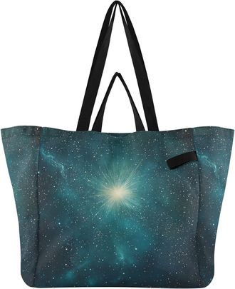 Generic Teal Glowing Stars print Reusable Canvas Tote Bag, Heavy Duty Grocery Shopping Bag with Double Handles Hard Bottom Large Capacity Work Groceries Trave