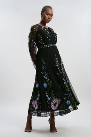 Karen Millen Womens Plus Size Placed Floral Embroidered Mesh Woven Belted Maxi Dress - Black - Size 18 UK