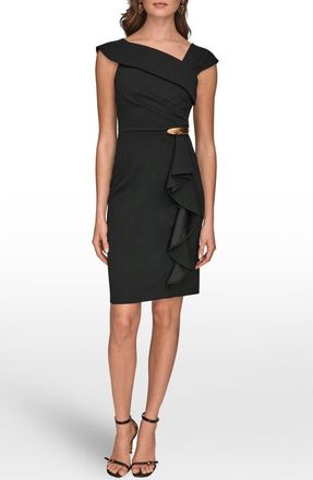 DKNY Buckle Detail Asymmetric Neck Sheath Dress in Black at Nordstrom, Size 16