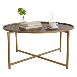Dmora Dmora - Mesa De Caf&eacute; Cursa, Mesa De Centro Baja, Revistero Para Sof&aacute;, Estante De La Sala De Estar, 83x83h40 Cm, Oro Y Gris Topo, Con Embalaje Reforzad