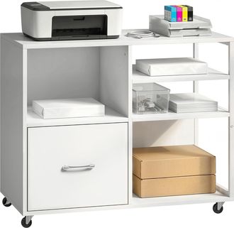 HOMCOM Homcom Mueble Para Impresora Con Ruedas, Mesa Para Impresora Con Estantes Abiertos Y Caj&oacute;n Para Documentos Tama&ntilde;o A4 Y Carta, Para Oficina, Blanco