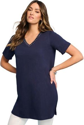 Roaman's Ultimate Rhinestone V Neck Tunic in Navy at Nordstrom, Size 12