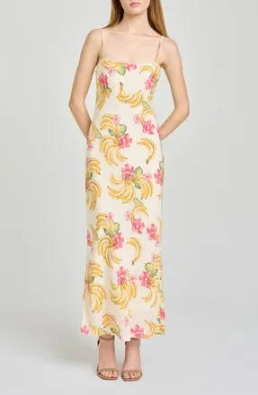 Wayf Calypso Fruit Print Lace Trim Midi Dress in Cream Bananas at Nordstrom, Size X-Small
