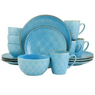 Elama Aqualite 16 Piece Embossed Stoneware Dinnerware Set in Teal at Nordstrom