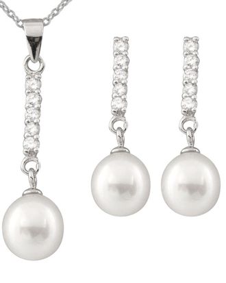 Splendid Pearls Silver 7.5-8Mm Freshwater Pearl & Cz Earrings & Necklace Set