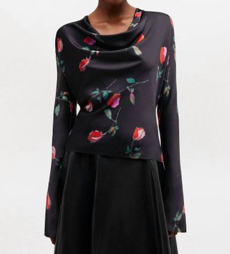 Ganni Printed Stretch Satin Blouse In Black