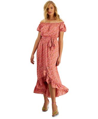 Bar III Womens Off-The-Shoulder Printed Puff Sleeve Maxi Dress