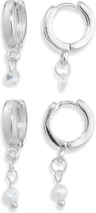 Nordstrom Rack Set of 2 Faux Pearl & Cubic Zirconia Huggie Hoop Earrings in Clear- Silver at Nordstrom Rack