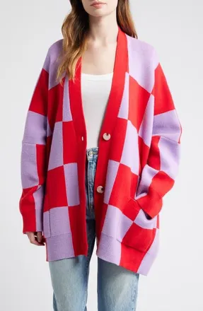 Dressed in Lala Love You Oversize Checkered Cardigan in Red/Lavender at Nordstrom, Size Small