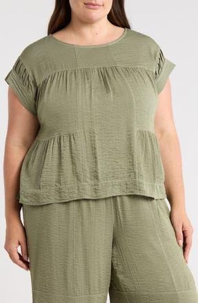 Adrianna Papell Topstitched Crinkled Cap Sleeve Top in Oil Green/Ivory at Nordstrom Rack, Size 3X