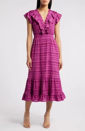 Chelsea28 Ruffle Detail Textured Stripe Dress in Magenta at Nordstrom, Size X-Small