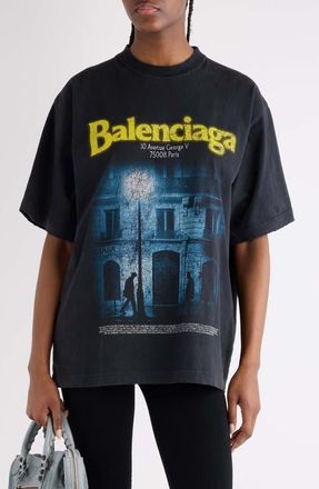 Balenciaga The Address Distressed Cotton Jersey Graphic T-Shirt in 1041 Faded Washed Black at Nordstrom, Size X-Large