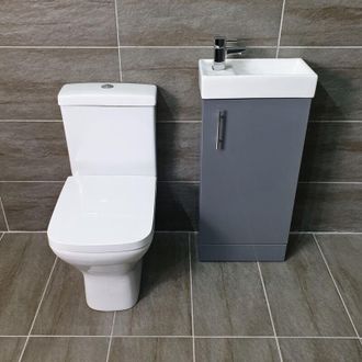 Nuie Nuie Vault 400mm Vanity Unit Grey Gloss With Rimless Toilet Cloakroom Suite, With Tap