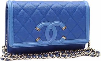 Chanel Blue Grained Calfskin Chain/Shoulder Wallet (Pre-Owned)