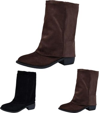 Generic Womens Mid-Calf Boots Fold Over Suede Pointed Toe Booties Slouchy Chunky Heel Slip On Boots Ladies Comfortable Non-Slip Rubber Pull-On Shoes Brown