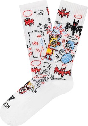 Jimmy Lion Basquiat print socks, made from premium combed cotton, size 36 - 40 | 16 - 18 in half - walk in style!, Athletic Basquiat Batman - White, L