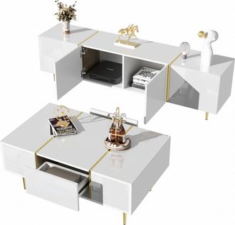 STILVORA Conjunto De Muebles De Sal&oacute;n Con Mueble Tv Y Mesa De Centro, Almacenaje, Cierre Suave, Mdf, Blanco