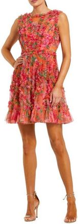 Mac Duggal Mesh Micro Ruffle High Neck Floral Mini Dress in Orange Multi at Nordstrom, Size 12