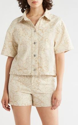 Sanctuary Slow Rider Floral Embroidered Short Sleeve Shacket in New Natural White at Nordstrom Rack, Size X-Small