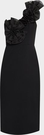 Aidan Mattox One-Shoulder Floral Applique Crepe Midi Dress