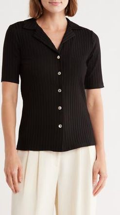 Elie Tahari Textured Stripe Short Sleeve Button-Up Shirt in Black at Nordstrom Rack, Size X-Small