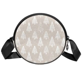 Generic Circle Crossbody Bag for Women, Light Brown Christmas Tree Small Sling Bag Daypack with Zipper Adjustable Shoulder Straps Casual Ladies Girls Round Pu