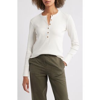 Caslon Mixed Media Long Sleeve Henley Top in Ivory Pristine at Nordstrom Rack, Size Large