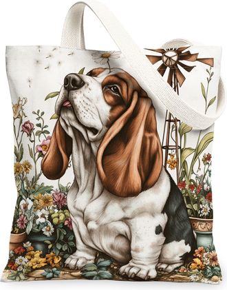 Generic Spring Basset Hound Dog Canvas Tote Bag for Shopping 13x15, Farmhouse Country Puppy Reusable Grocery Print Bag for Women, Farm Pet Beach Aesthetic Pai