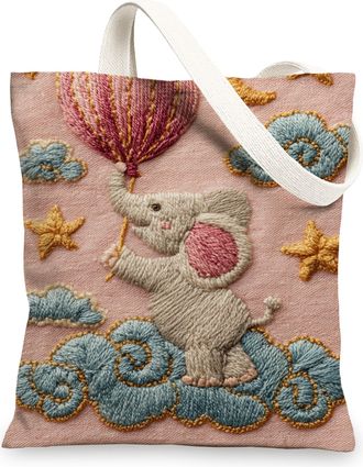 Generic Fanciful Elephant Canvas Tote Bag, Cute Embroidered Shopper Bags, Stylish Reusable Fabric Handbag, Peach, 13x15 Inch