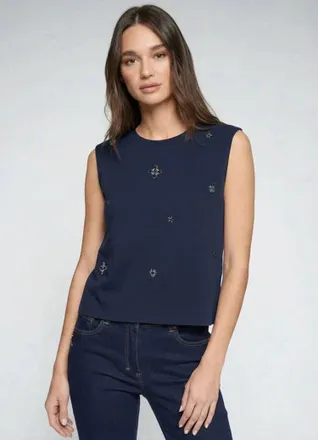 Vilagallo Sleeveless Embroidered Beaded Top In Navy