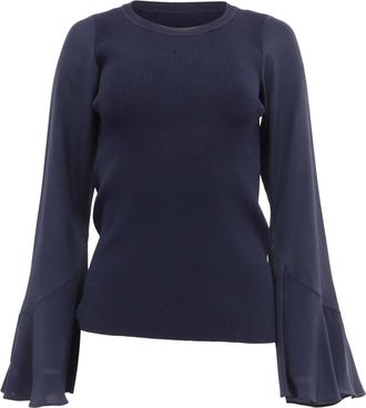 Sandro Sandro Ribbed-Knit Bell-Sleeved Blouse in Navy Blue Viscose