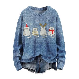 Generic FNKDOR Christmas Women Jumper Rough Knitted Sweater Sleeping Little Fox Artistic Round Neck Fashion Retro Pullover Art Printed Ladies Sweatshirts for 