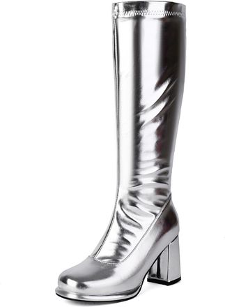 Generic Womens Patent Leather Knee High Boots Square Toe Long Boots with Side Zipper Block High Heel Platform Knight Boot,Silver,7.5 UK