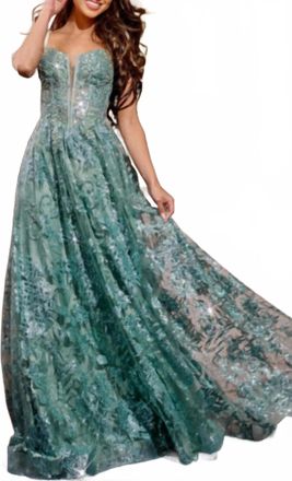 Jovani Spaghetti Strap A-Line Gown With Embellished Bodice In Sage