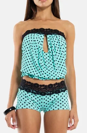 Jaded London Polka Dot Strapless Top with Lace Trim in Turquoise at Nordstrom, Size 10