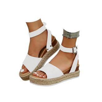 Generic Womens Platform Espadrilles Summer Open Toe Buckle Ankle Strap Beach Sandal Casual Comfortable Faux Leather Dressy Elegant Flats Sandals with Arch Sup