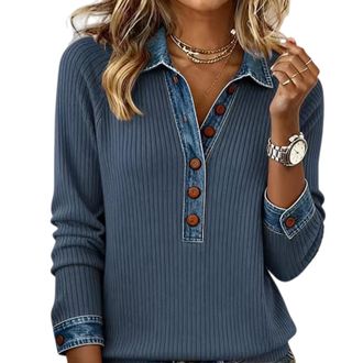 Generic Womens Denim Collar Sweater - Waffle Knit Tops with Denim Collar for Women for Casual & Office Outfits (XXL,Blue)