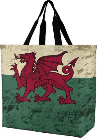 Generic SJOAOAA Unisex Shopping Bag Vintage Welsh Flag Reusable Foldable Tote with Inner Pocket Large Capacity Shoulder Tote Grocery Bags Handbag