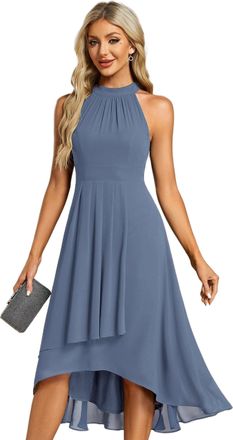Ever-pretty Midi Halter Neck Chiffon Wedding Guest Dress with Sleeveless and A-Line Dusty Navy 12UK