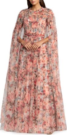 Mac Duggal Floral Mesh High Neck Cape Sleeve Ruffle Gown in Cream Multi at Nordstrom, Size 20