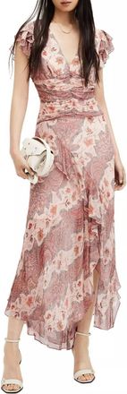 AllSaints Brea Cascade V-Neck Ruffled Dress In Clay Pink