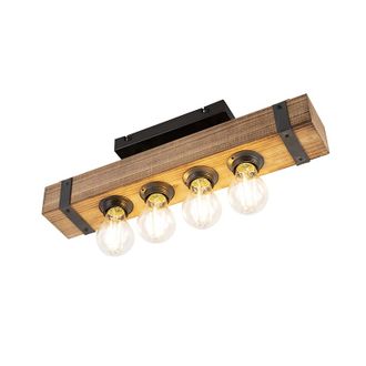 QAZQA Qazqa - Industrial Plaf&oacute;n Industrial Madera Y Acero 4 Luces - Reena /acero Alargada Adecuado Para Led Max. 4 X 30 Watt